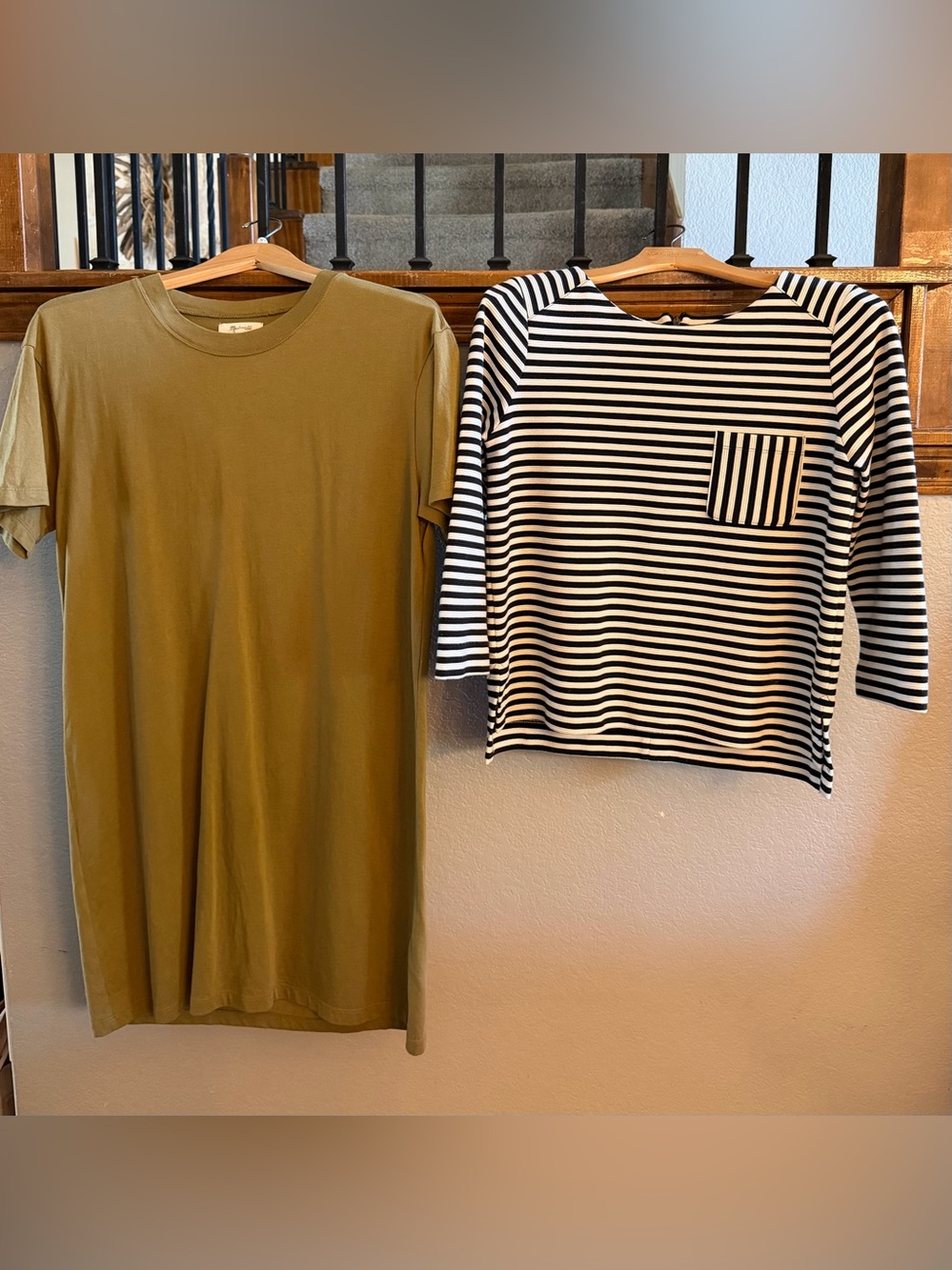 Madewell Pistachio Green Short Sleeve Tee Dress & Black & Cream Striped Top